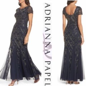 Adrianna Papell beaded short sleeves Long Dress
